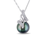 9.5-10mm Black Tahitian Cultured Pearl Pendant Necklace in 10K White Gold with Chain and Accent Diamonds